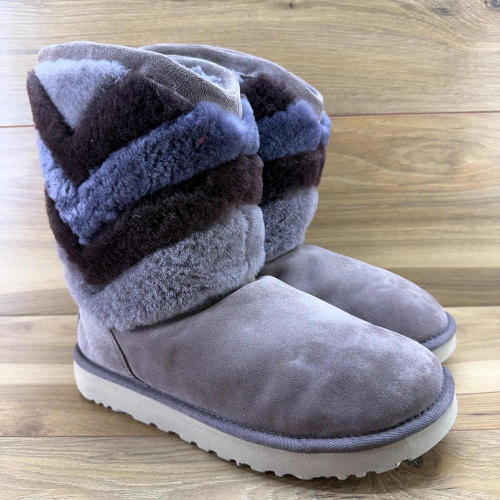 UGG Tania Chevron Stormy Gray Boots Womens 9 Suede Sherpa Fur Mid Calf Cozy - Picture 2 of 12